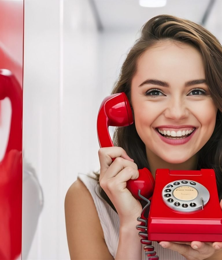 smiling-young-lady-holding-red-handset-isolated